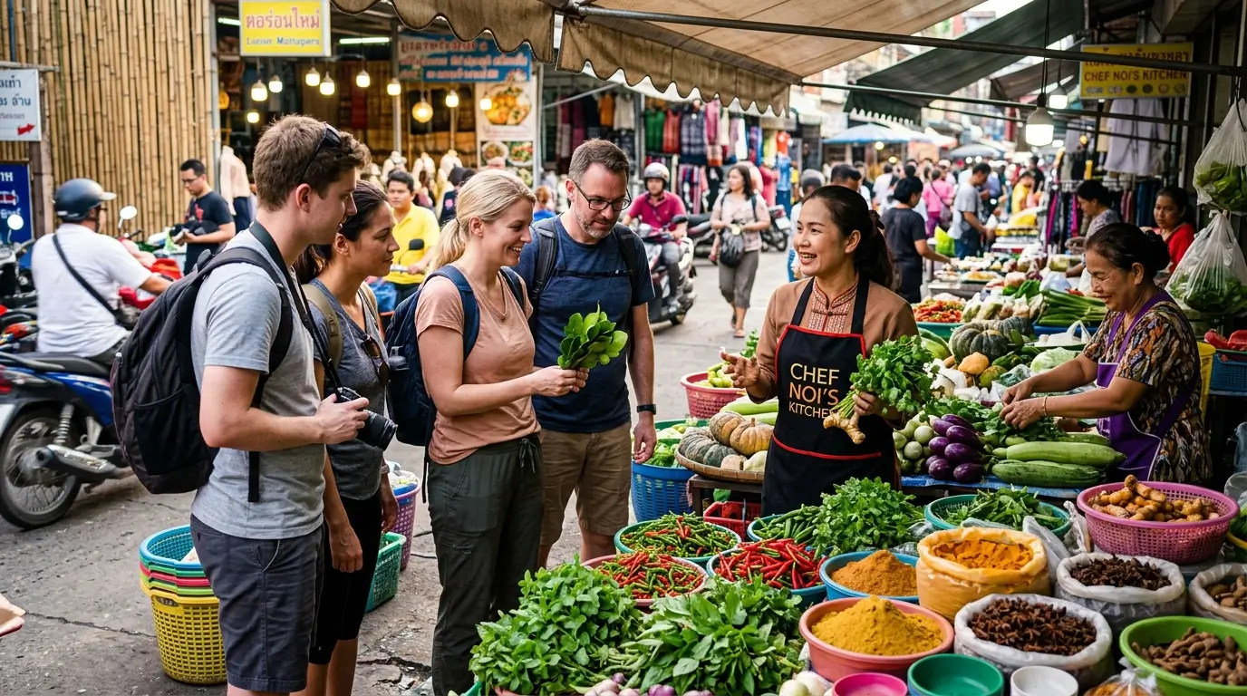 A small group of tourists explores a bustling local market with a cooking instructor, learning how to select fresh ingredients. Colorful vegetables, exotic spices, and fresh herbs fill the vibrant stalls, while candid interactions and rich cultural details create an authentic street market atmosphere. Captured in realistic lighting with sharp, cinematic travel photography.