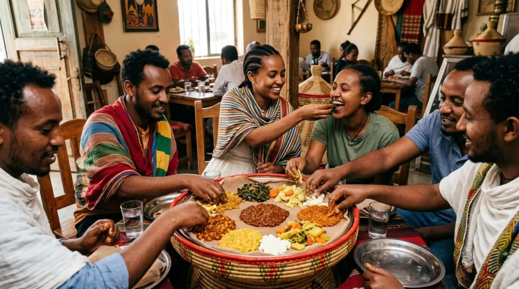 Ultra-realistic Ethiopian vegetarian feast in Addis Ababa featuring a large injera bread topped with shiro wat, lentils, collard greens, and mixed vegetables. Friends share the meal traditionally by hand inside an authentic Ethiopian restaurant with a warm African cultural atmosphere, detailed food textures, and cinematic documentary-style lighting.