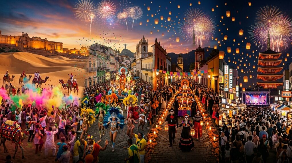 "Ultra-realistic cinematic world travel scene featuring iconic local festivals from around the globe in one panoramic composition, with colorful street parades, traditional cultural rituals, dazzling fireworks, desert celebrations, lantern-lit night festivals, and vibrant crowds. Dramatic lighting, rich cultural details, cinematic storytelling, ultra-detailed 8K quality, and magazine-cover-style travel photography."