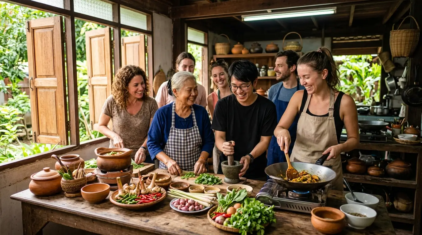 Tourists from different countries participate in a warm international cooking class inside a traditional local home, learning side-by-side with an elderly local chef. Fresh vegetables, herbs, and colorful spices are arranged on a wooden table as natural sunlight streams through open windows. The authentic cultural setting, friendly interaction, and smiling faces create a welcoming atmosphere, captured in a vibrant, realistic travel documentary style
