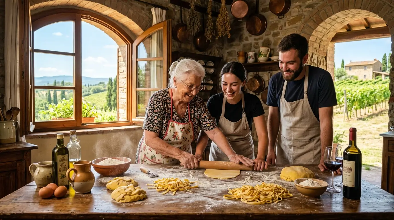 An Italian grandmother teaching tourists to make fresh handmade pasta in a rustic Tuscan farmhouse kitchen. Flour dust fills the air as pasta dough rests on a wooden table alongside olive oil bottles. A vineyard is visible through an open window, illuminated by warm Mediterranean sunlight, creating an authentic Italian countryside cooking experience.