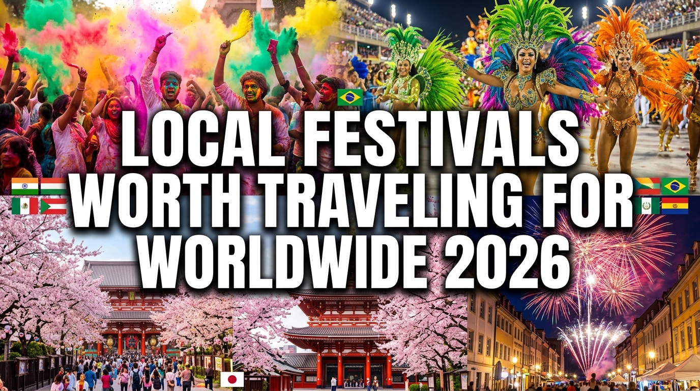"Ultra-realistic cinematic travel scene featuring the world's most remarkable local festivals worth traveling for in 2026, including colorful carnival parades, lantern-filled night skies, traditional cultural ceremonies, desert celebrations, fire festivals, vibrant street performances, and spectacular fireworks. Diverse global locations blend into one breathtaking composition, showcasing authentic cultural heritage, joyful crowds, dramatic lighting, rich colors, and ultra-detailed 8K HDR travel photography in a premium magazine-cover style."
