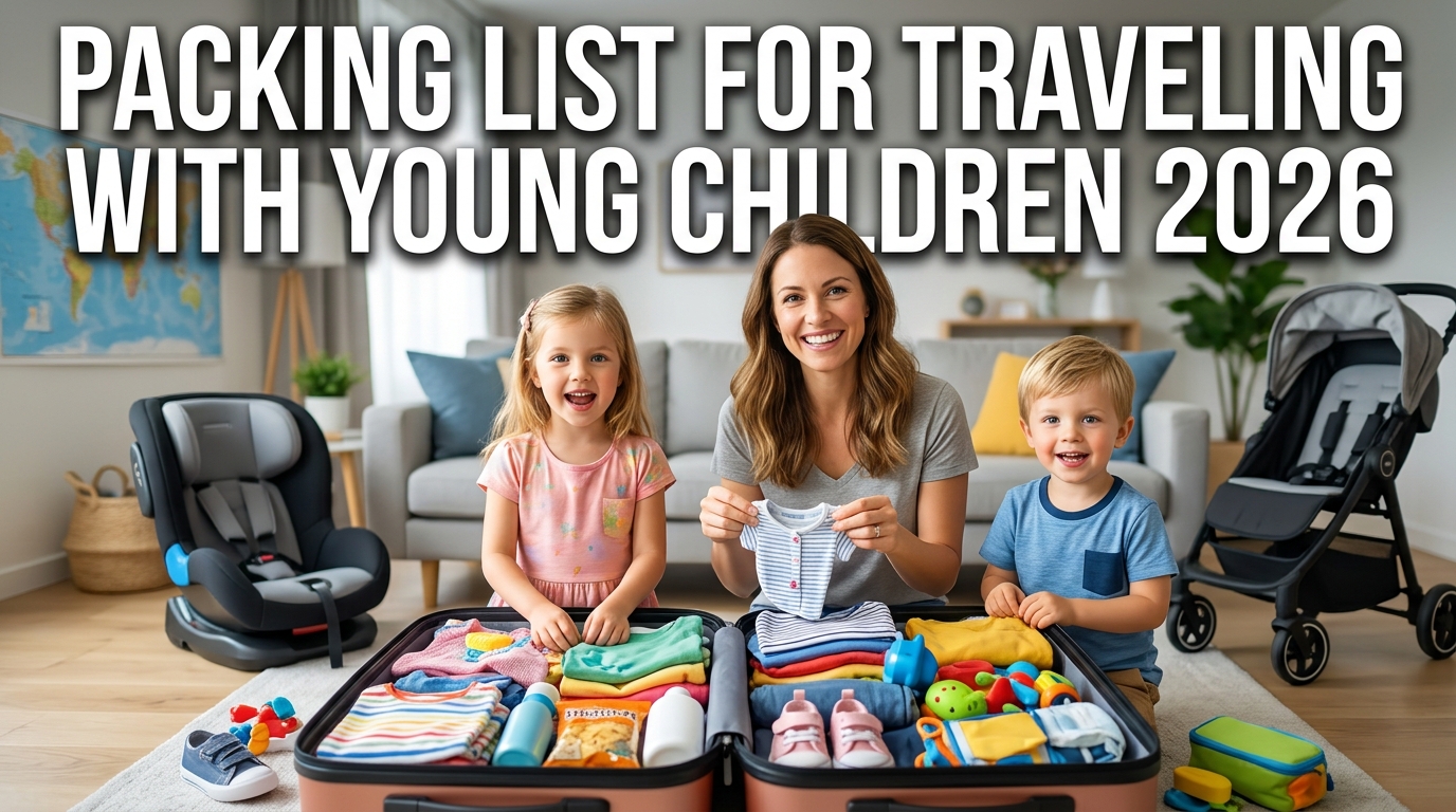 High-quality realistic YouTube thumbnail for “Packing List for Traveling With Young Children 2026,” featuring parents packing suitcases with children's essentials such as clothes, snacks, toys, diapers, wipes, travel documents, and baby gear, with bold text and a family-friendly travel atmosphere in a premium travel photography style.