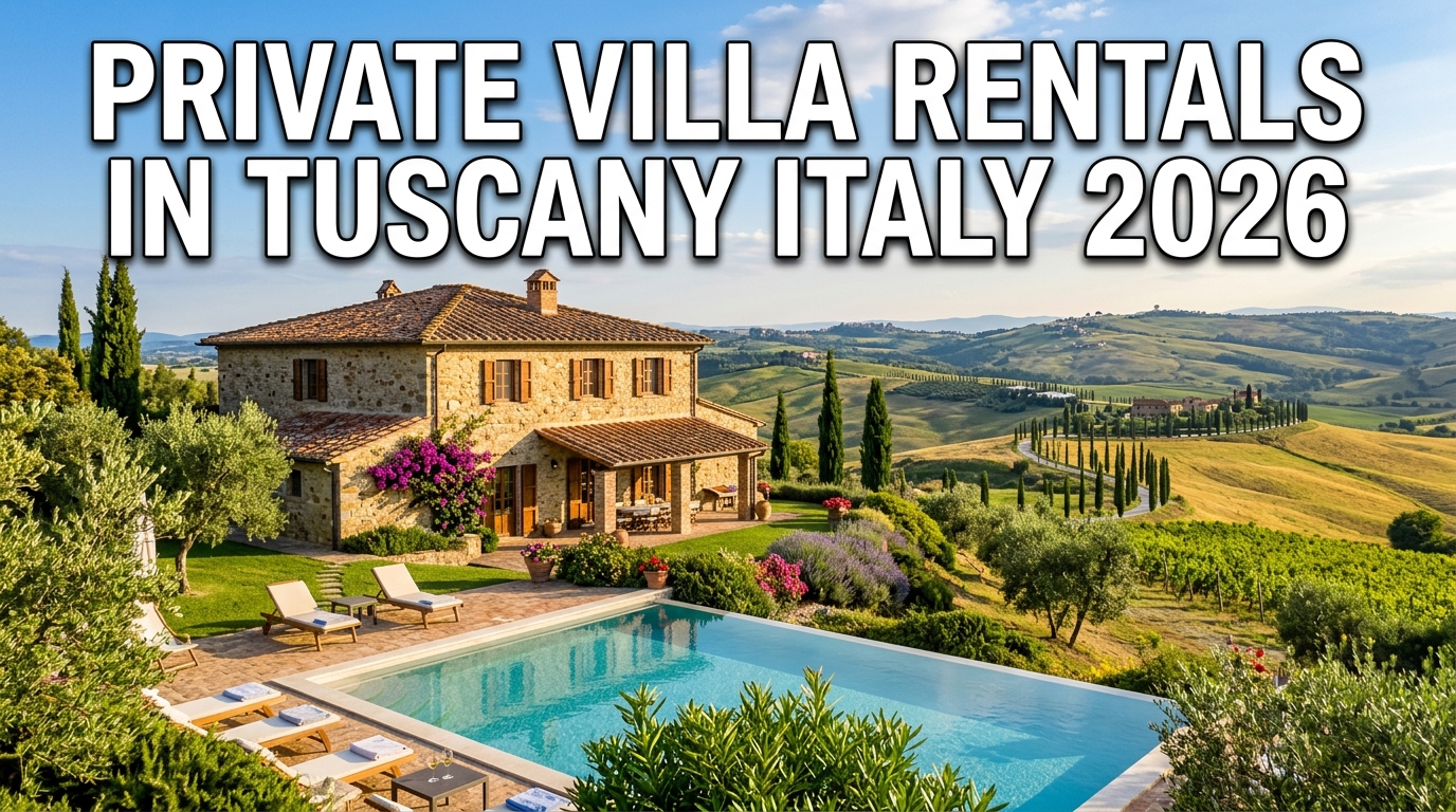 High-quality realistic YouTube thumbnail for “Private Villa Rentals in Tuscany Italy 2026,” featuring a luxurious Tuscan villa surrounded by rolling vineyards, cypress trees, and scenic countryside views, with bold text and an elegant luxury travel aesthetic.