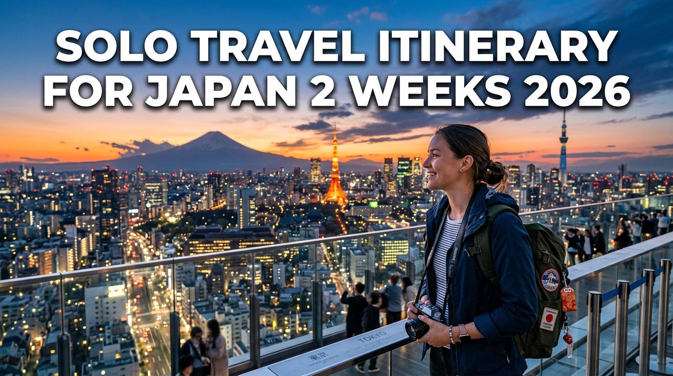 High-quality realistic YouTube thumbnail for “Solo Travel Itinerary For Japan 2 Weeks 2026,” featuring a solo traveler exploring iconic Japanese destinations including Tokyo streets, Kyoto temples, Mount Fuji views, and Osaka cityscapes, with bold text and an inspiring travel adventure atmosphere in a modern premium travel photography style.
