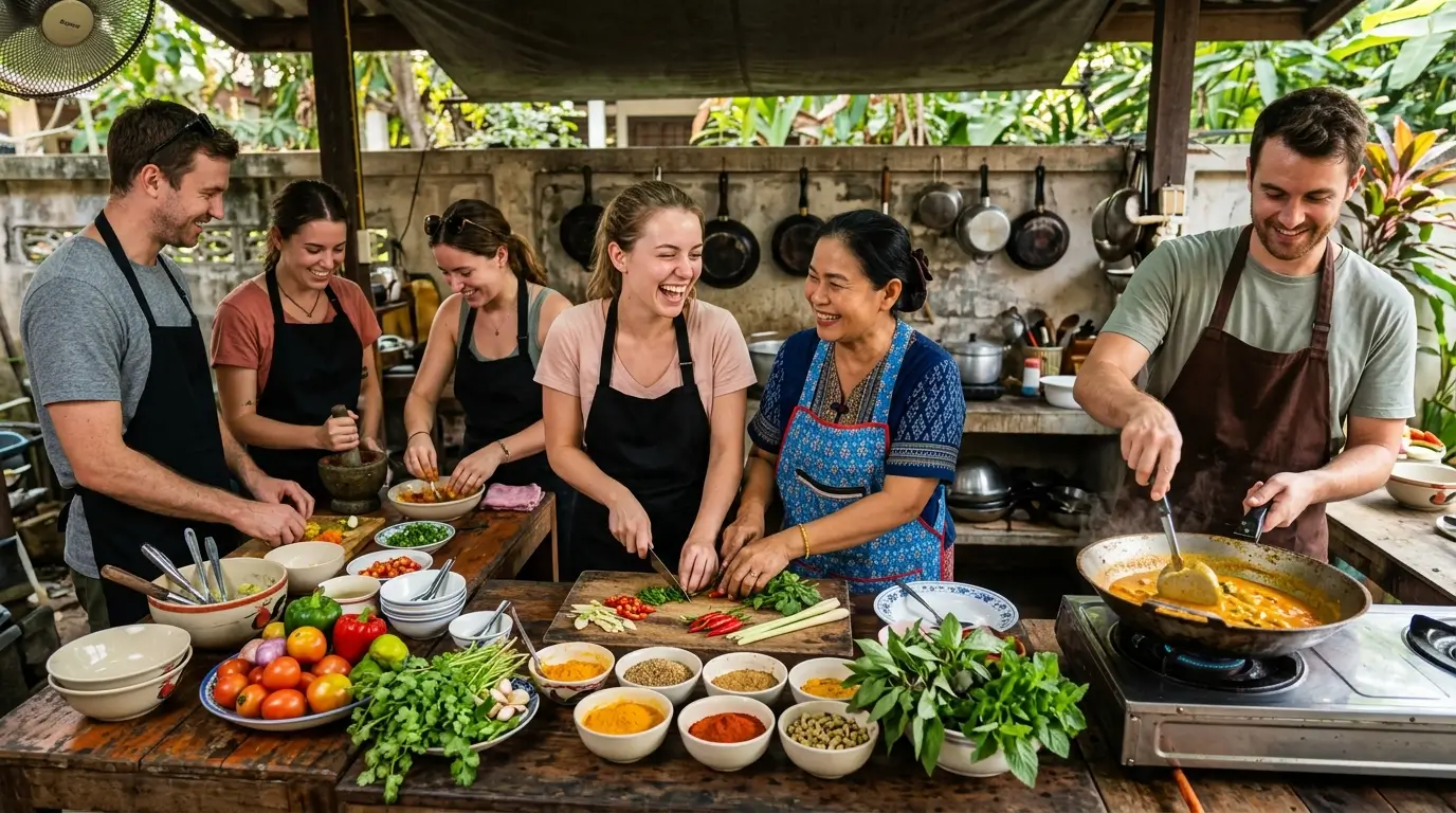 Tourists participate in a full-day cooking class, exploring a traditional local market filled with colorful spices and fresh vegetables before preparing a homemade meal under the guidance of a local instructor. The scene captures warm human interactions, authentic cultural experiences, and the cooking process in a vibrant, documentary-style setting with realistic details and cinematic composition.