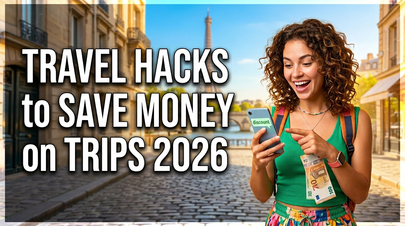"Travel hacks to save money on trips in 2026, featuring budget-friendly travel planning tips such as booking flights early, finding affordable accommodations, packing efficiently, using travel rewards, and exploring destinations on a budget."