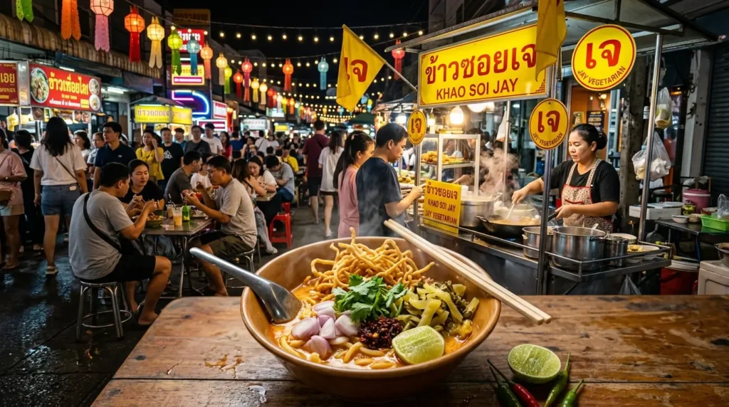 Steaming bowl of Khao Soi Jay at a busy night market in Chiang Mai, Thailand, surrounded by vegetarian street food stalls with yellow Jay signs, glowing lanterns, and local diners enjoying authentic Thai cuisine in a vibrant evening atmosphere.