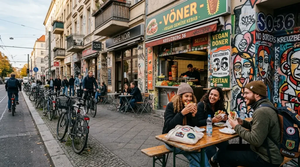 Young travelers enjoying vegan doner kebabs at a popular street food stand in Berlin’s Kreuzberg district, surrounded by colorful murals, bicycles, and trendy cafes, capturing the vibrant alternative culture and lively European city atmosphere in realistic detail.