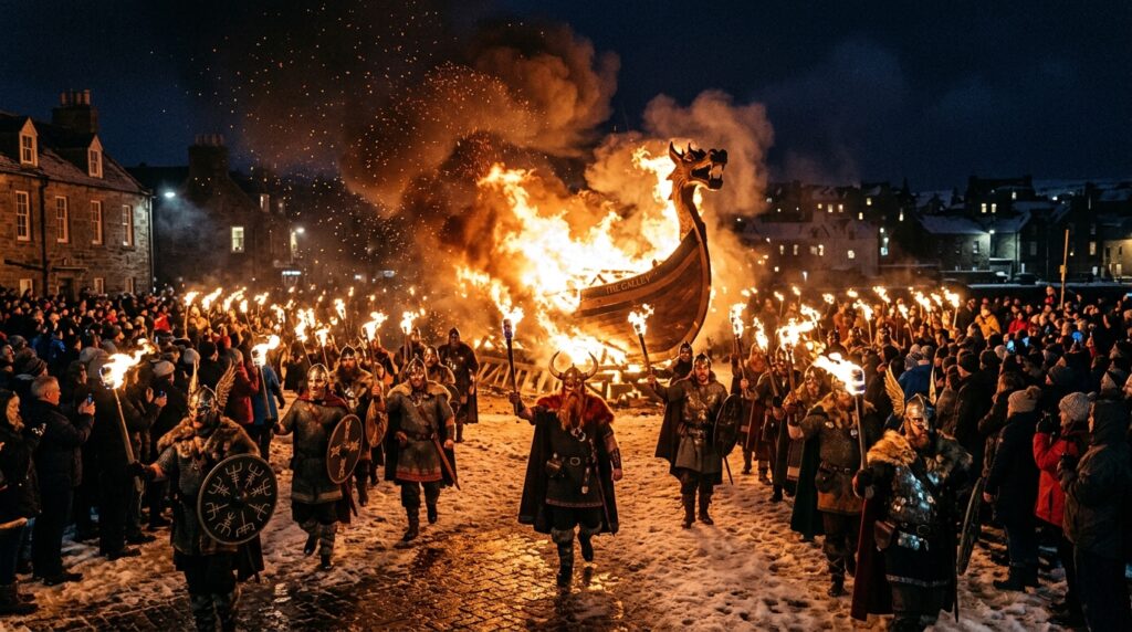 "Ultra-realistic cinematic depiction of the Up Helly Aa Viking Fire Festival in Lerwick, Shetland, Scotland, featuring a torch-lit procession of Viking-costumed participants marching through a cold winter night. A magnificent Viking longship burns in a blaze of fire, sending sparks and smoke into the dark sky. Dramatic historical atmosphere, high-contrast lighting, glowing torches, rich cultural detail, and ultra-detailed 8K cinematic realism."